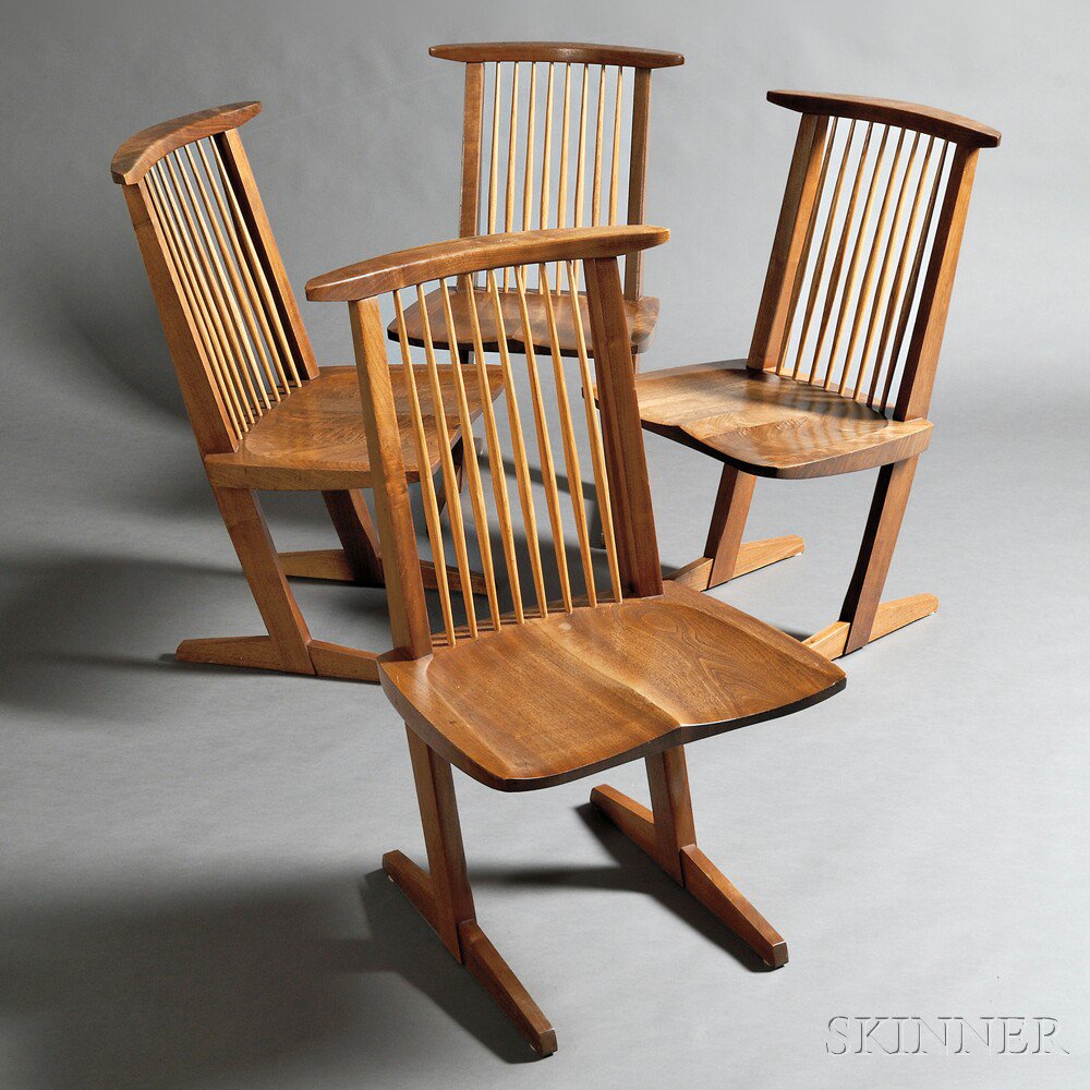 Appraisal: Four George Nakashima - Conoid Chairs American black walnut hickory