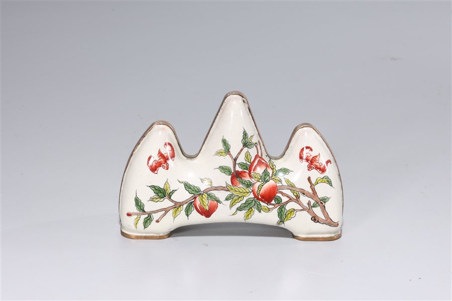 Appraisal: Chinese enamel on copper brush rest with bats and peaches