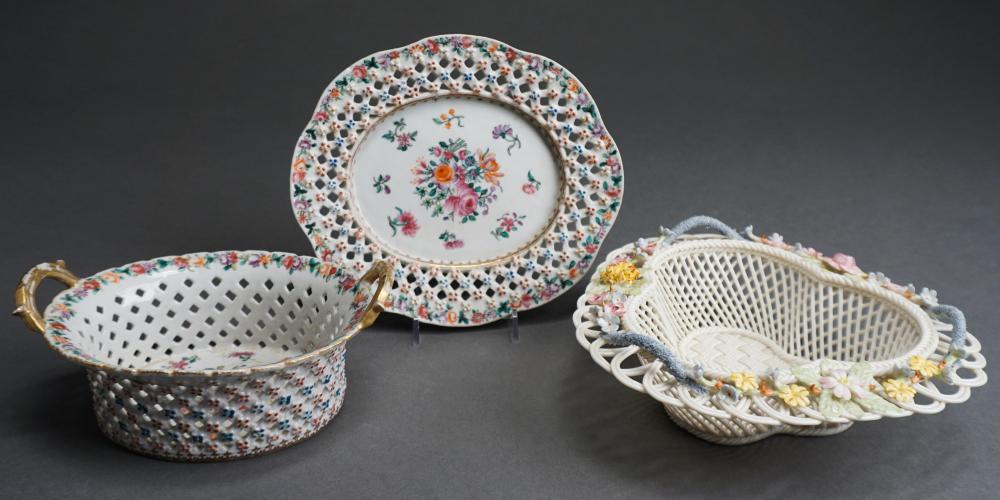 Appraisal: BELLEEK PORCELAIN 'CELEBRATION' TREFOIL BASKET WITH FAMILLE ROSE TYPE RETICULATED