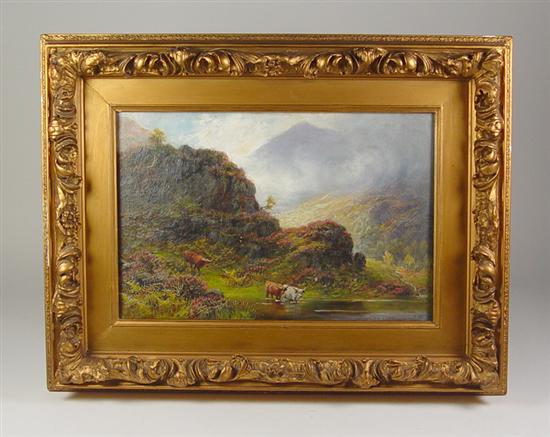 Appraisal: Oil on Canvas Three longhorn cattle at watering pond Mountains