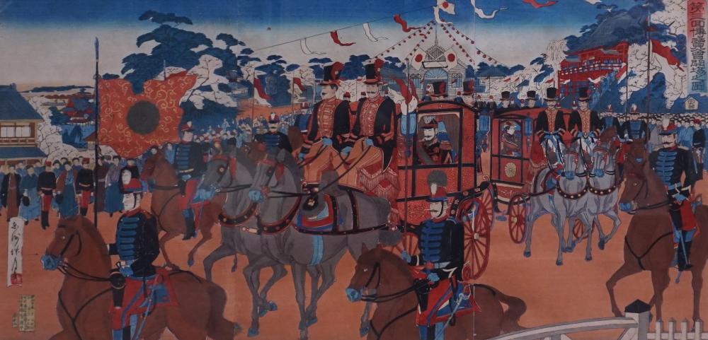 Appraisal: JAPANESE TRIPTYCH WOODBLOCK PRINT OF A SINO-JAPANESE VICTORY PARADE FRAME