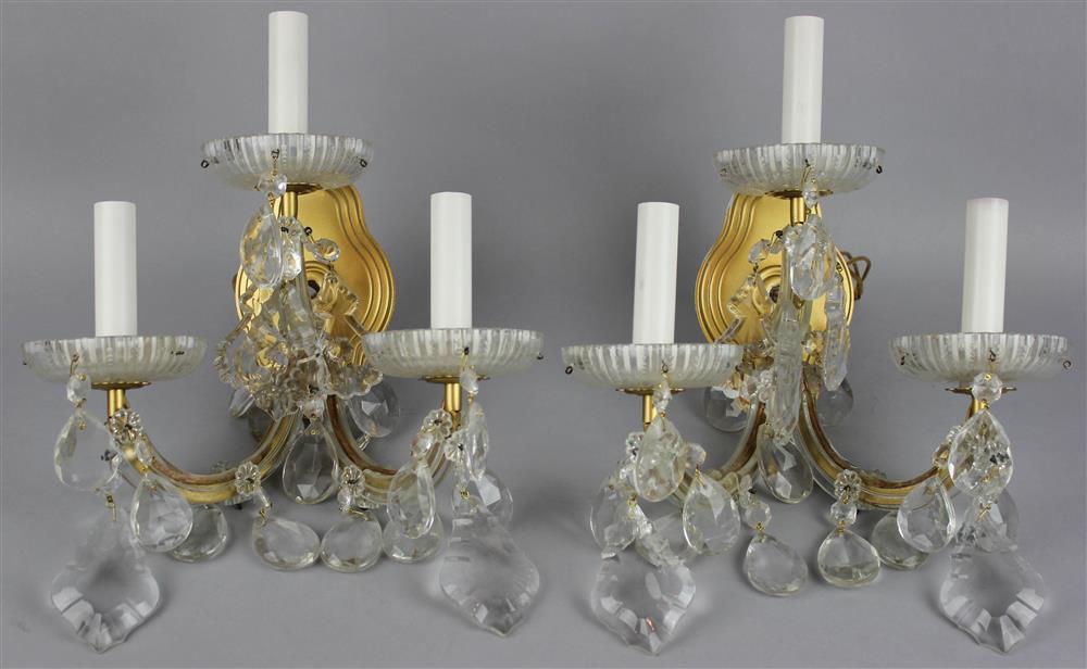 Appraisal: PAIR OF GLASS AND GILT METAL THREE LIGHT SCONCES the