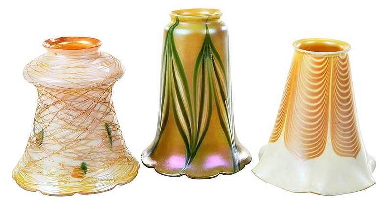 Appraisal: Quezal and Steuben Art Glass Shades American th century six