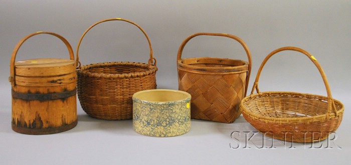 Appraisal: Three Woven Open Baskets a Blue Spongeware Butter Crock and