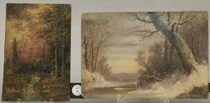 Appraisal: American School Woodland Path with Figure Oil on Artistboard Unsigned