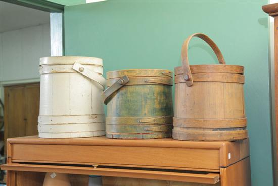 Appraisal: GROUP OF THREE LIDDED WOODEN FIRKINS SOME WITH PAINTED SURFACES