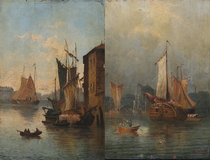 Appraisal: PAIR TH CENTURY HARBOR SCENES Probably Italian Oil Wood Panel