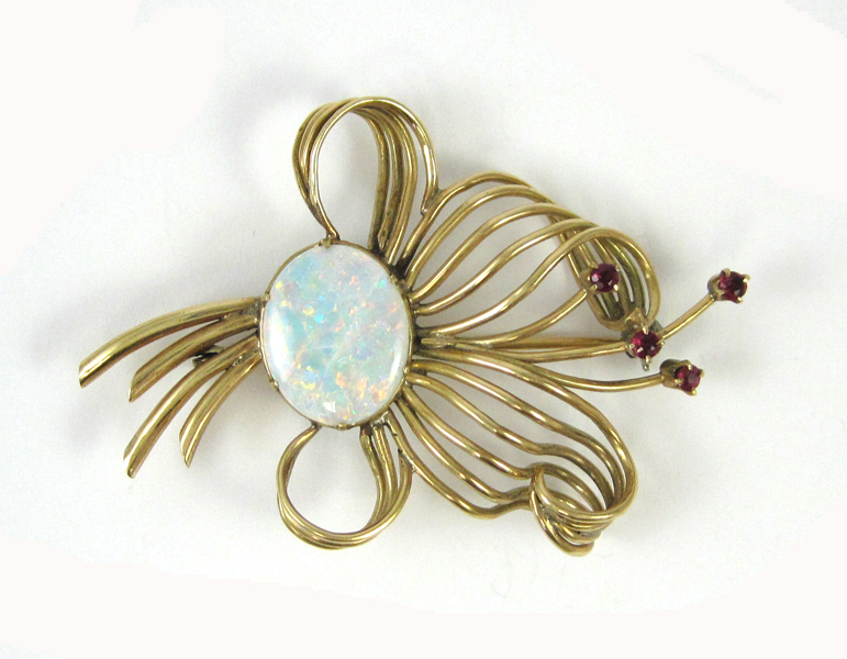 Appraisal: OPAL RUBY AND FOURTEEN KARAT GOLD BROOCH set with four