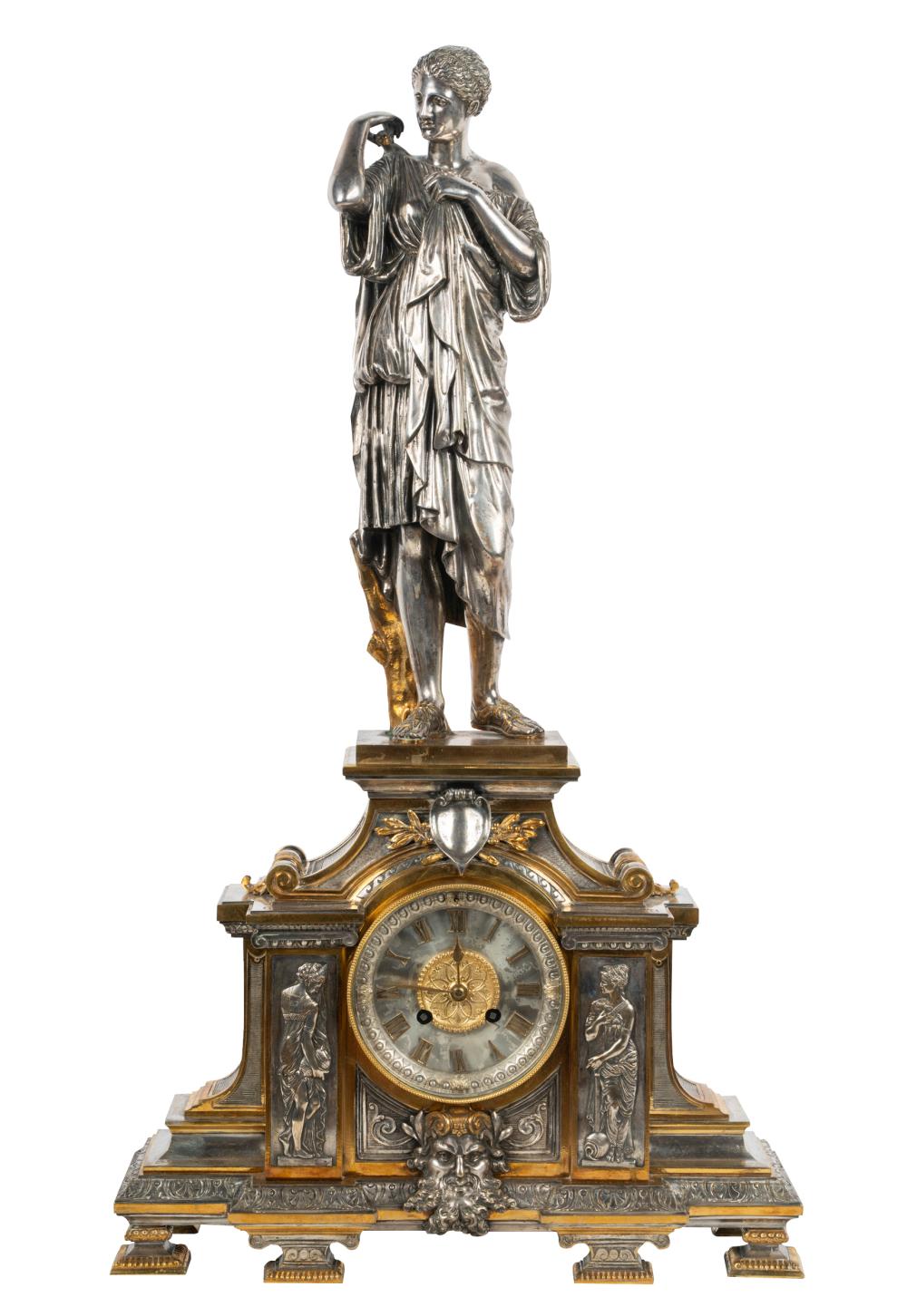 Appraisal: FRENCH BRONZE SILVERED METAL FIGURAL CLOCKinscribed to base Reduction Sauvage