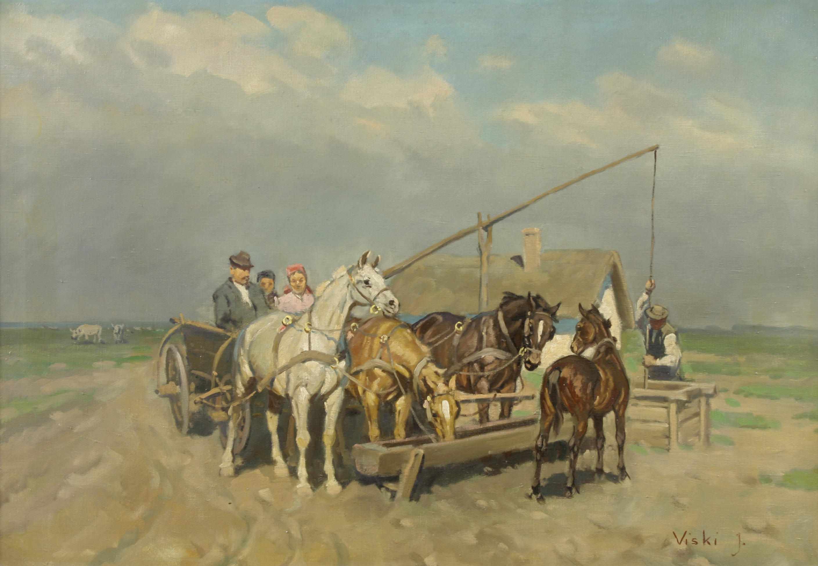 Appraisal: Janos Viski Hungarian born Figures and horses at a well