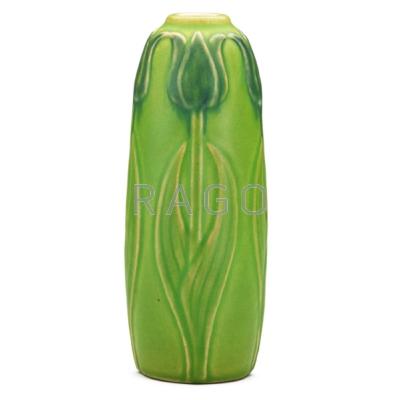 Appraisal: VAN BRIGGLE Early vase with tulips chartreuse and indigo glaze