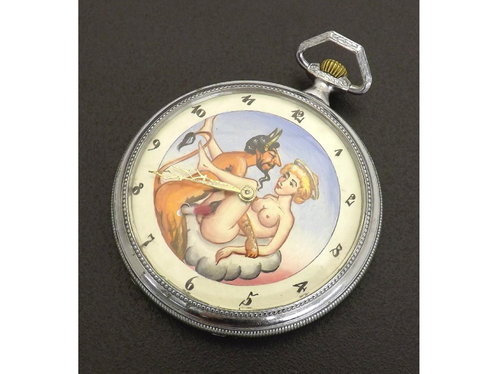 Appraisal: Novelty chrome erotic automaton pocket watch lever movement the dial