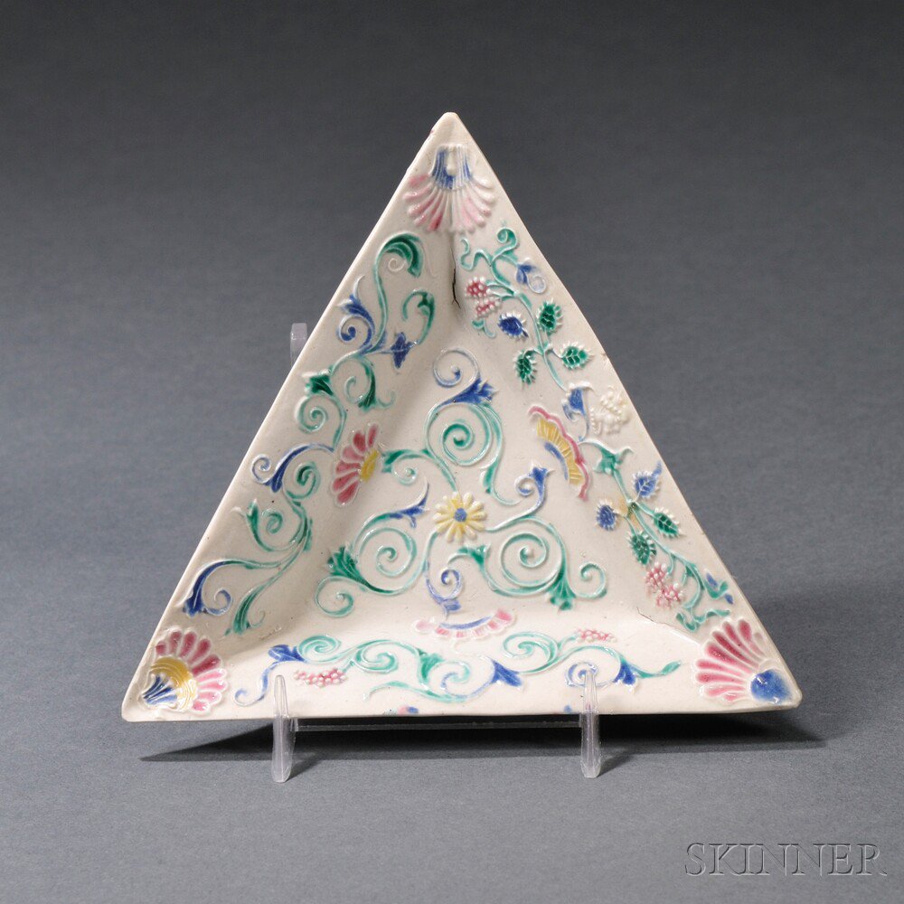 Appraisal: Staffordshire Enameled Salt-glazed Stoneware Pickle Dish England c triangular with