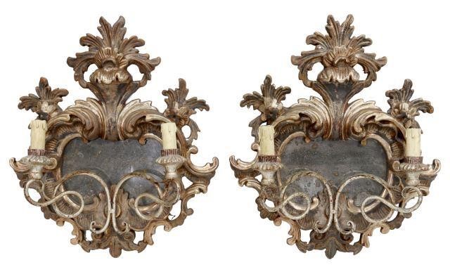 Appraisal: pair Italian silver gilt wall sconces likely Florentine carved scrolling