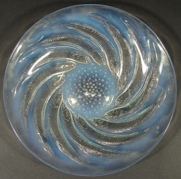 Appraisal: Lalique opalescent shallow glass bowl moulded with poissons raised semi-circular