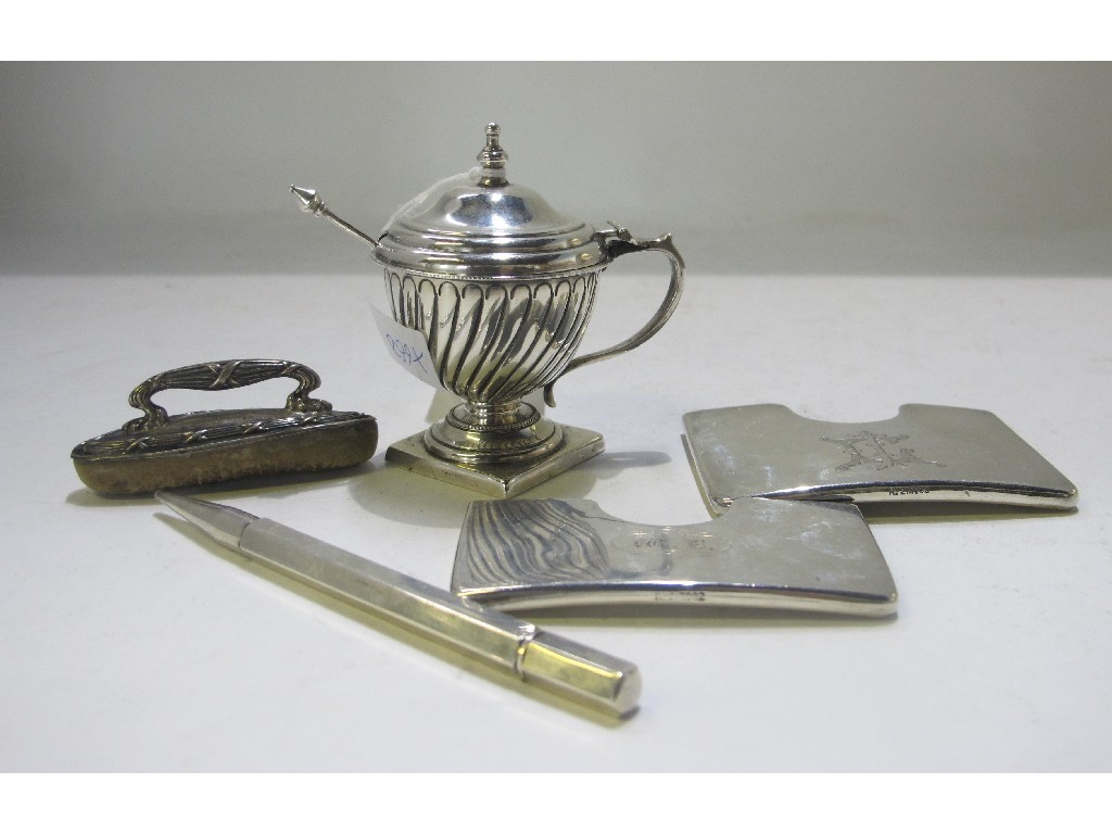 Appraisal: A lot comprising a silver mustard pot pencil two card