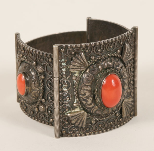 Appraisal: Antique silver filigree bracelet with coral cabochons stamped Signed in