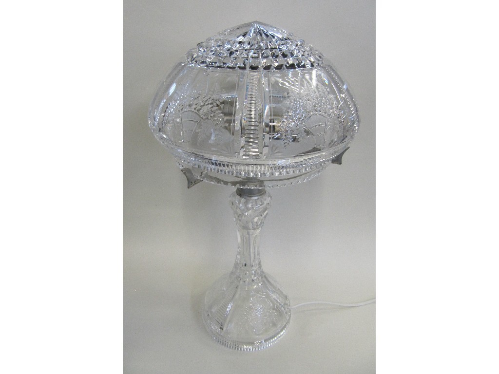 Appraisal: Cut glass table lamp with engraved decoration of baskets of