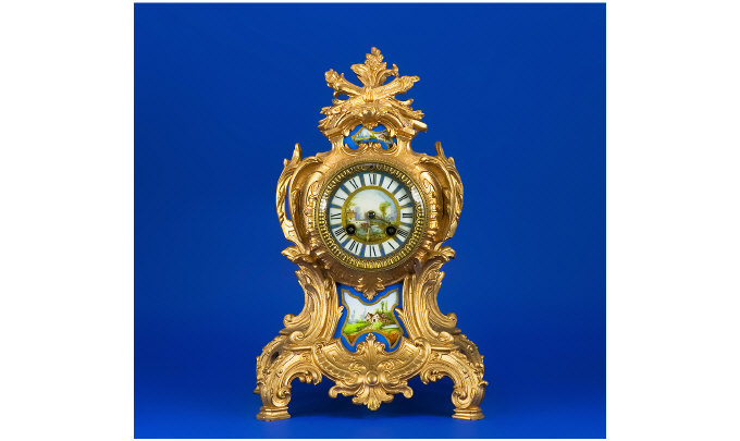 Appraisal: th Century Ormolu Mantle Clock Painted scenes to dial and