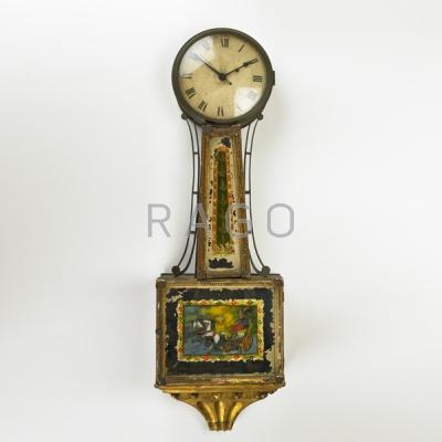 Appraisal: BANJO CLOCK Electrified banjo clock with painted chariot scene mid-