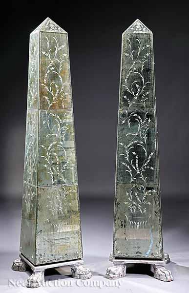 Appraisal: A Pair of Venetian-Style Mirrored Obelisks th c the panels