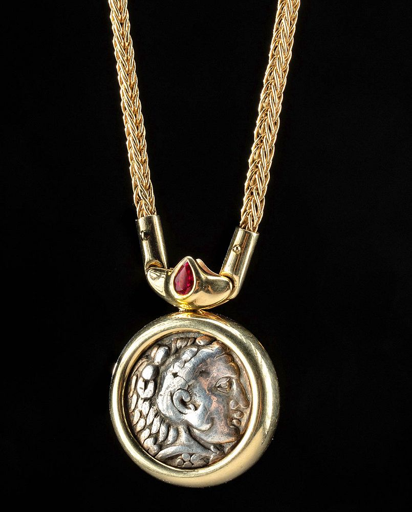 Appraisal: K Gold Necklace w Silver Alexander Coin Ruby Greece Hellenistic