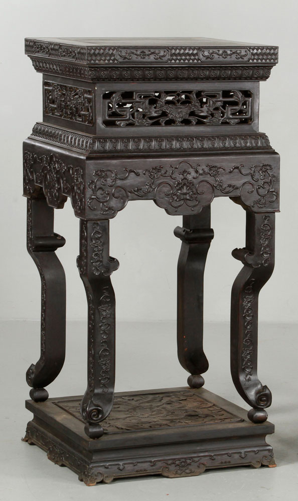 Appraisal: - Chinese Zitan Stand Zitan stand China square top carved