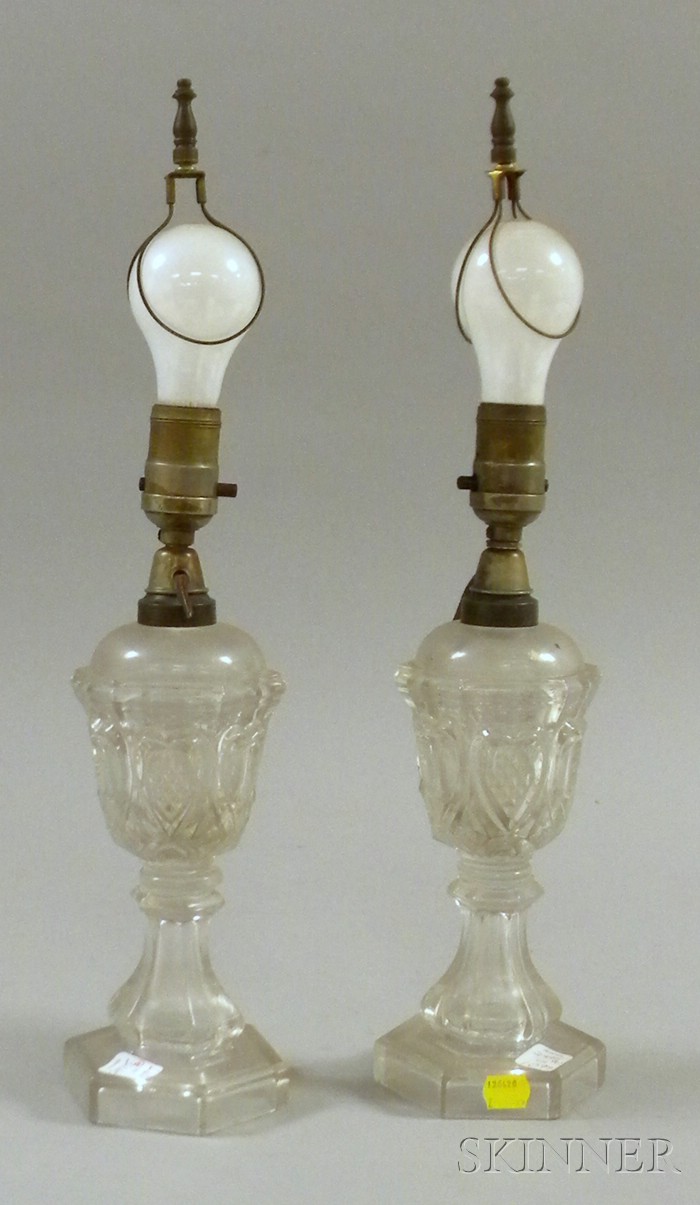 Appraisal: Pair of Sandwich Colorless Sweetheart Pattern Molded Glass Fluid Lamps