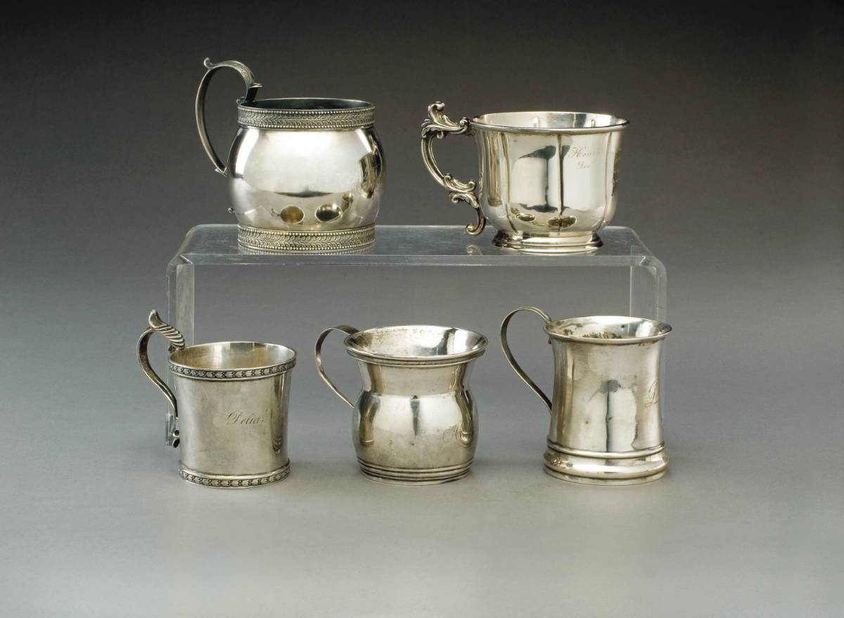 Appraisal: FIVE PHILADELPHIA PENNSYLVANIA SILVER CHILDREN'S CUPS BAILEY KITCHEN BAILEY CO