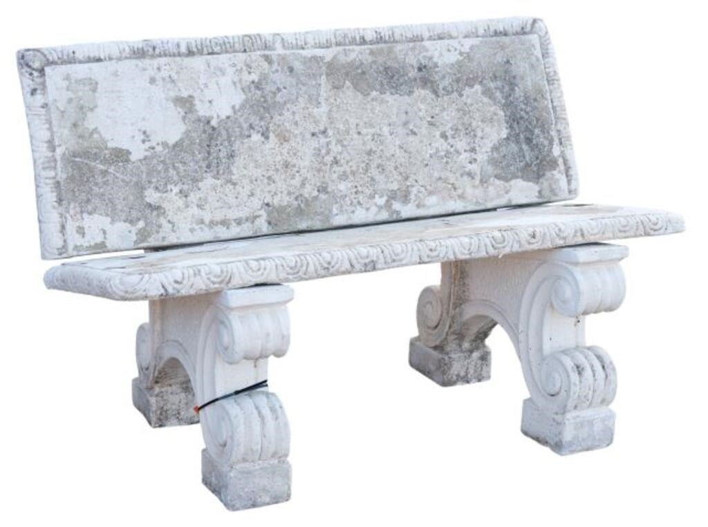 Appraisal: Cast stone garden bench rectangular back and seat with egg