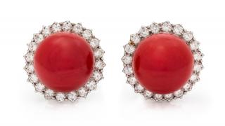 Appraisal: A Pair of White Gold Coral and Diamond Earclips dwts