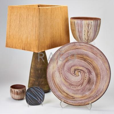 Appraisal: NANCY WIKHAM Five stoneware pieces mid th c lamp two