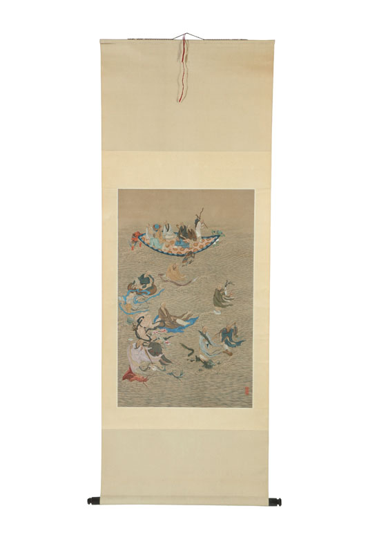 Appraisal: SCROLL Asian th century gouache on silk Finely detailed and