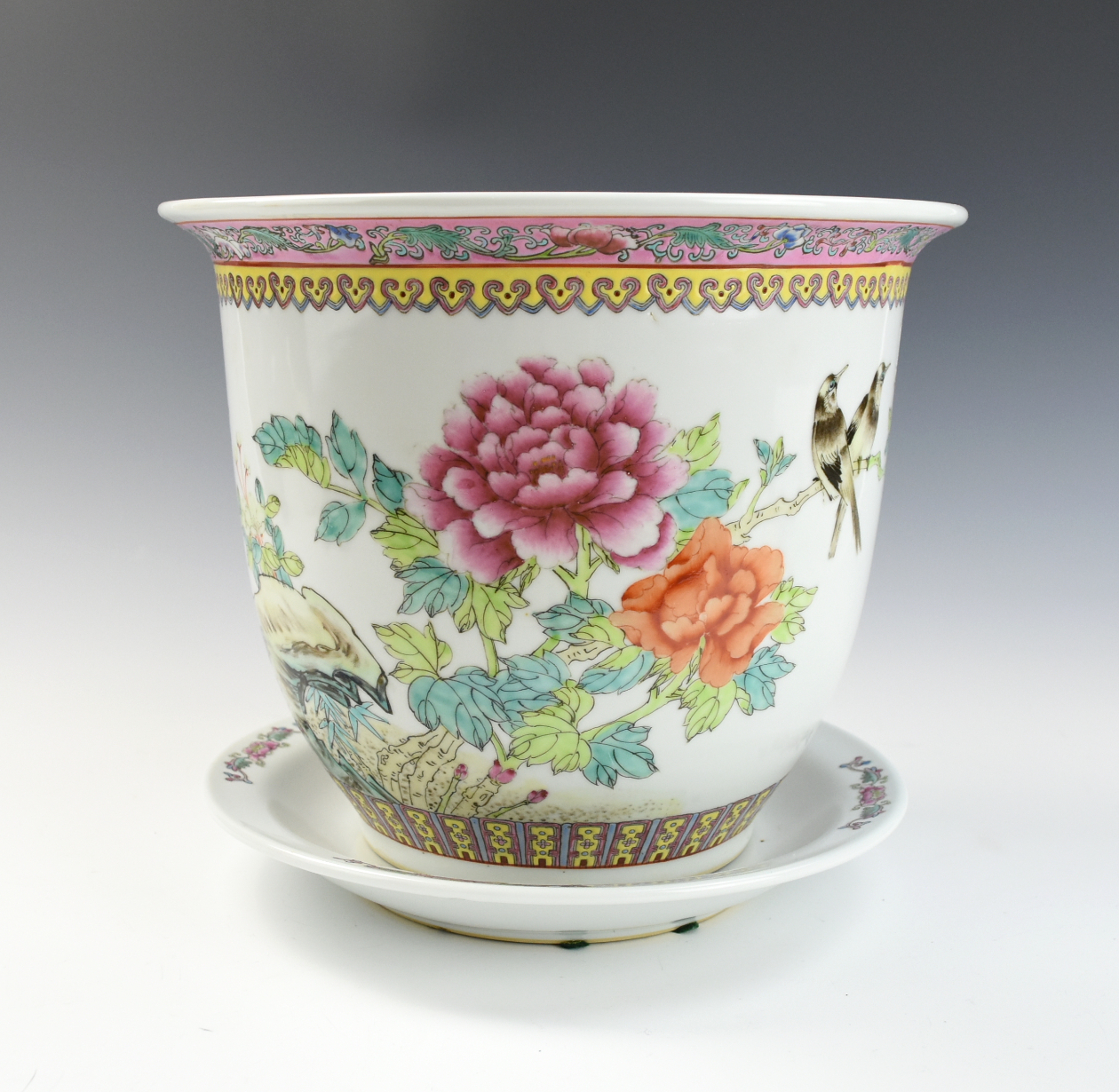 Appraisal: CHINESE FAMILLE ROSE FLOWER BASIN AND TRAY the deep rounded