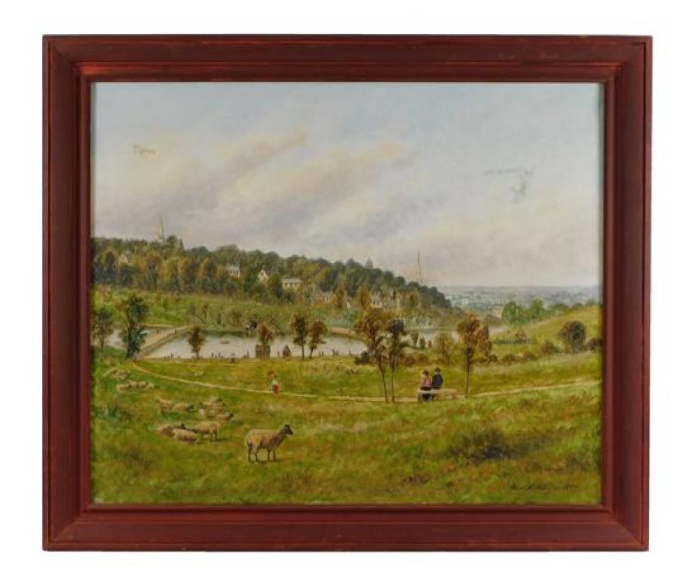 Appraisal: th C Oil on canvas depicts pastoral scene sheep and