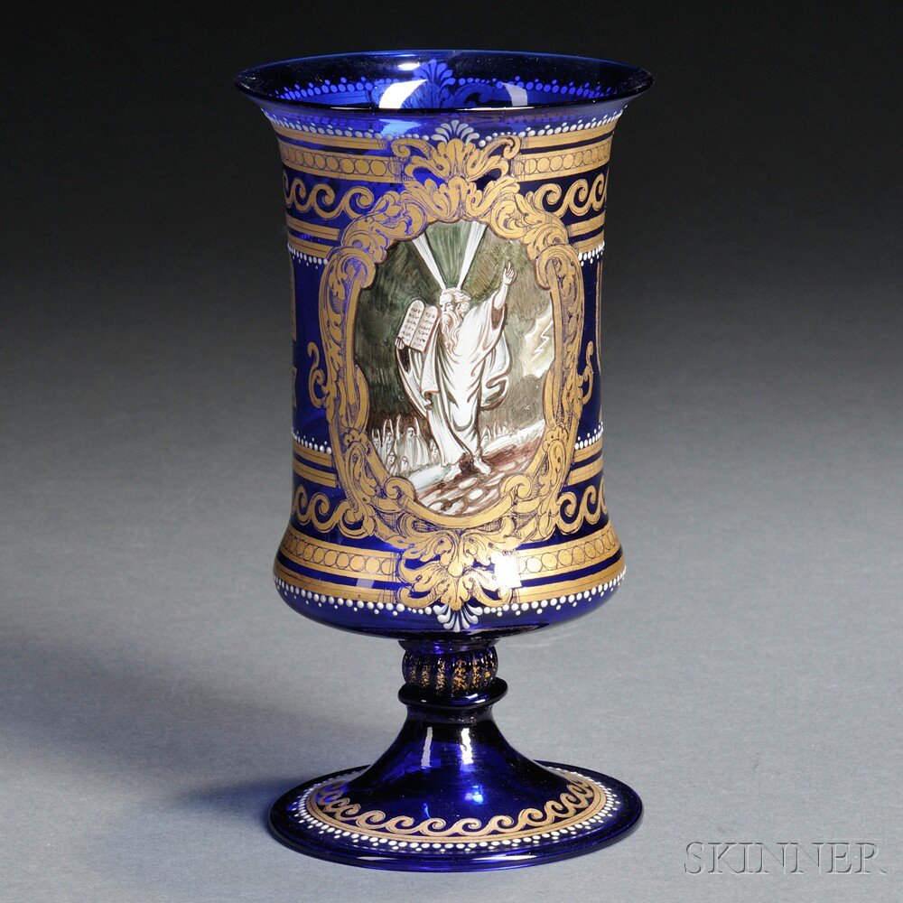 Appraisal: Venetian Blown Cobalt Glass Kiddush Cup th century enamel decorated