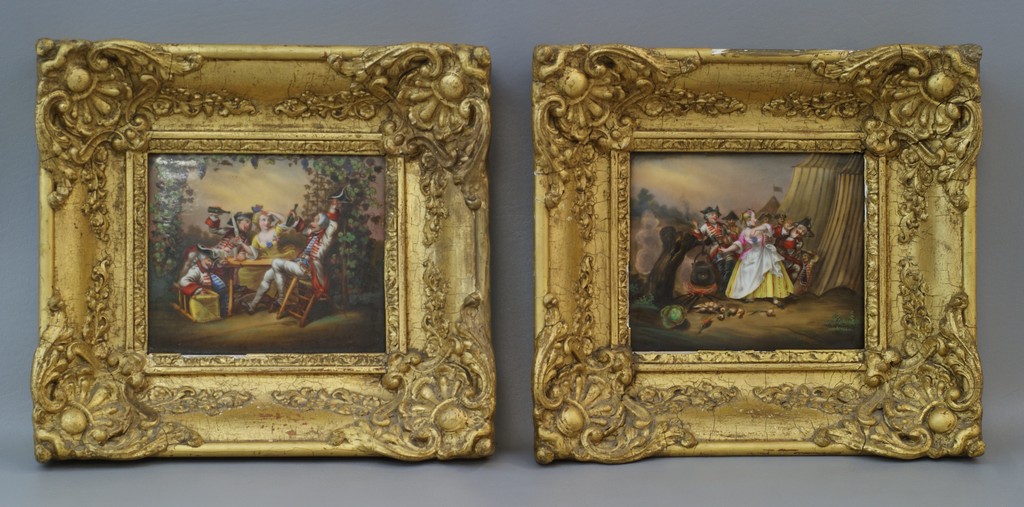 Appraisal: Continental porcelain plaques Soldiers and Women in Revelry Scenes x