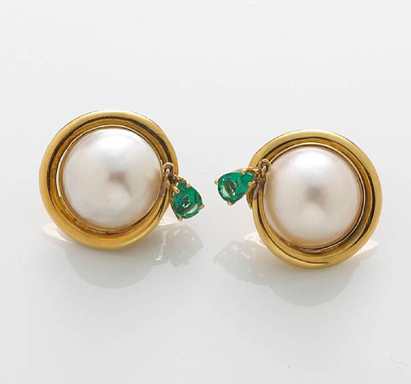 Appraisal: A mab cultured pearl and green tourmaline earclips Renato Cipullo