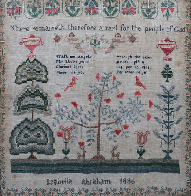 Appraisal: A COLOURFUL CHILD'S NEEDLEWORK SAMPLER by Isabella Abraham with Old