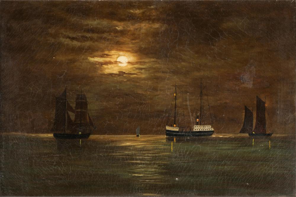 Appraisal: NOCTURNAL SEASCAPE WITH BOATSoil on canvas relined no signature visible