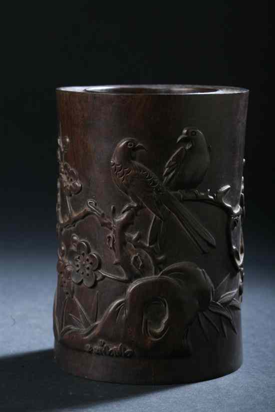 Appraisal: CHINESE ZITAN BRUSH HOLDER Carved with birds perched on flowering