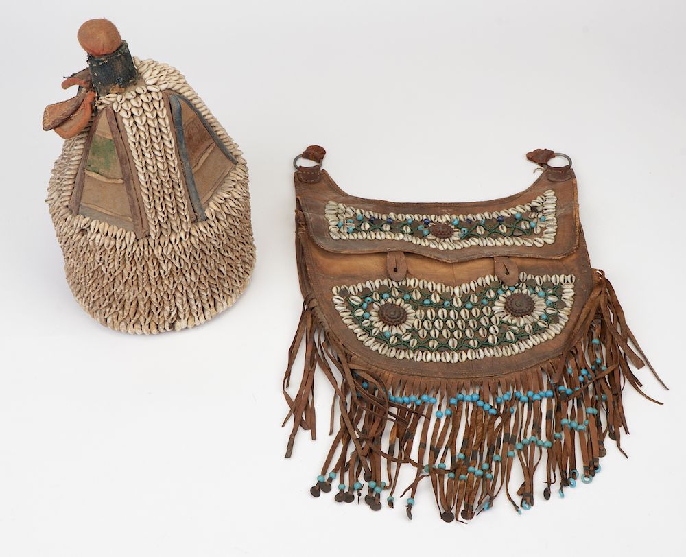 Appraisal: Yoruba Divination Object and North African Leather Bag Yoruba Divination