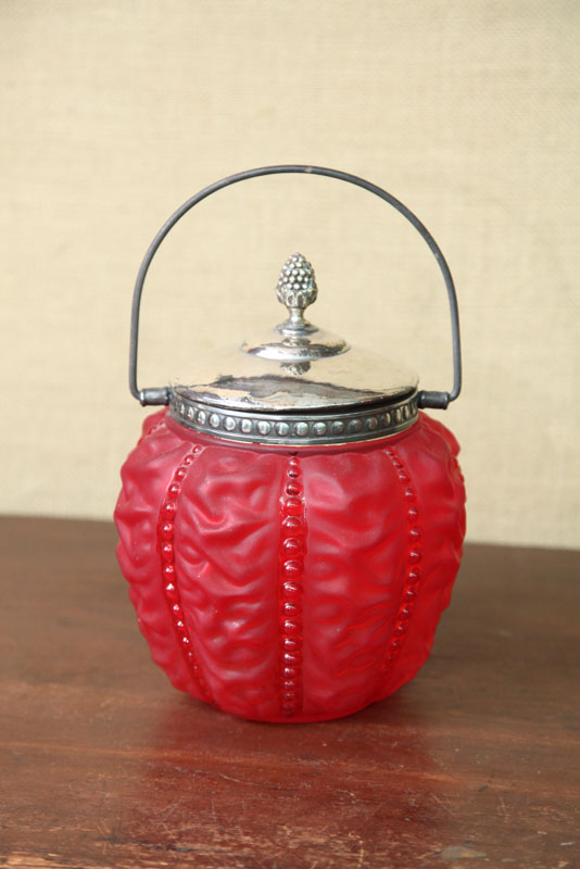 Appraisal: BISCUIT JAR Beaded Drape pattern in red satin with plated