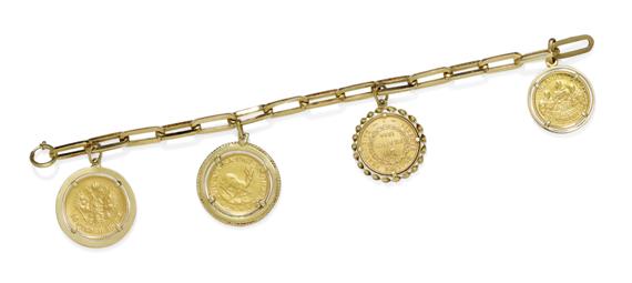 Appraisal: COIN BRACELET ca Yellow gold g Decorative anchor bracelet with