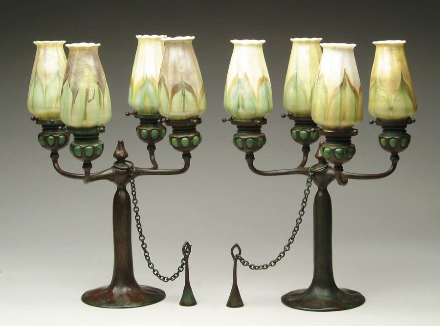 Appraisal: PAIR OF TIFFANY CANDLESTICK LAMPS Beautiful pair of four-branch candlesticks