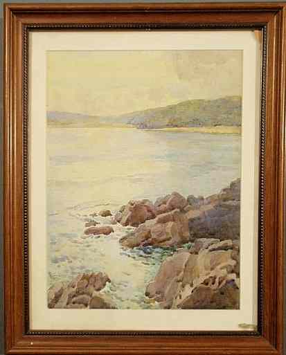 Appraisal: Watercolor painting of a rocky shoreline signed l r E