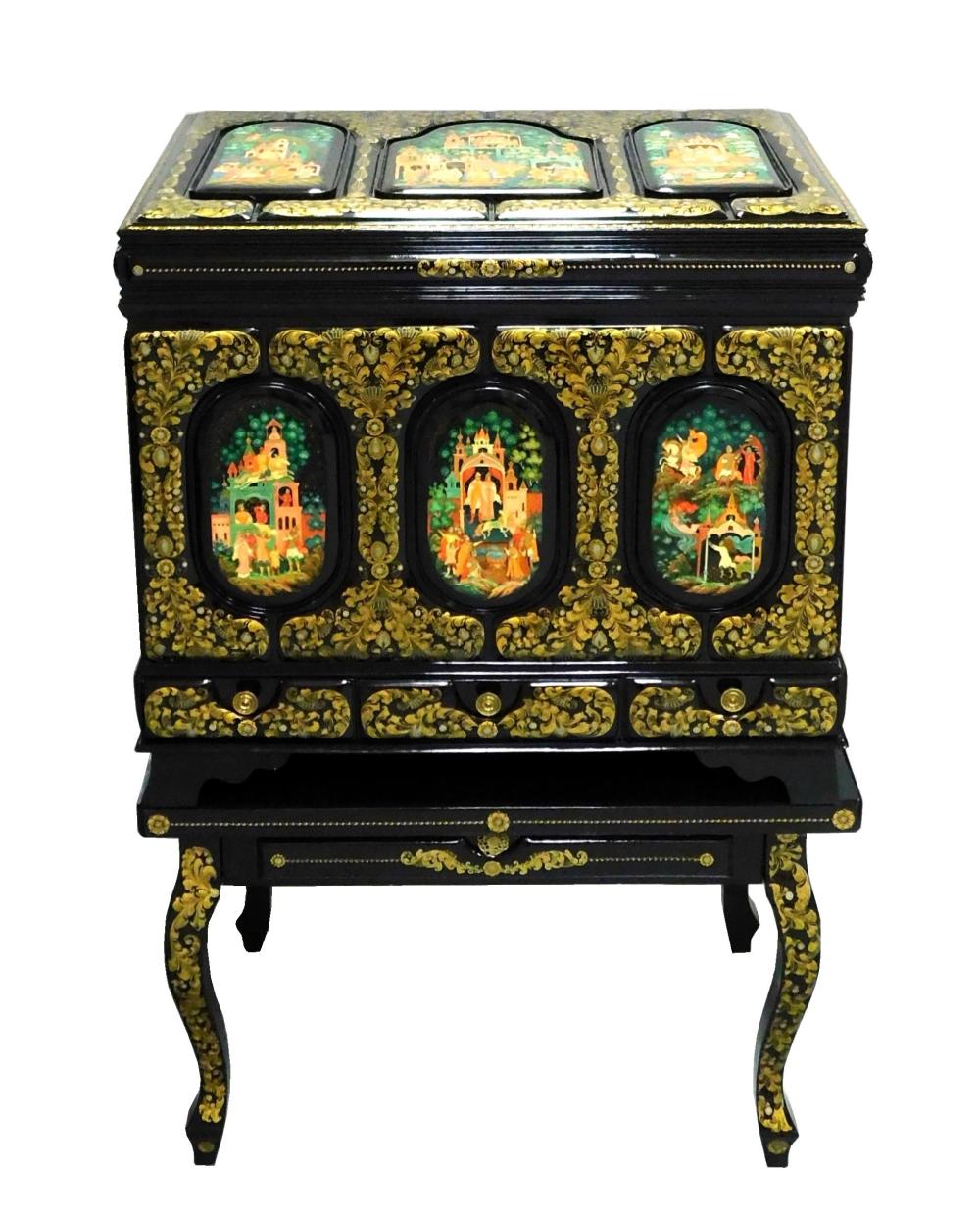 Appraisal: HAND PAINTED RUSSIAN LACQUER WEDDING CHEST ON MATCHING STAND TH