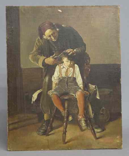 Appraisal: Painting oil on masonite man giving boy haircut Unframed ''