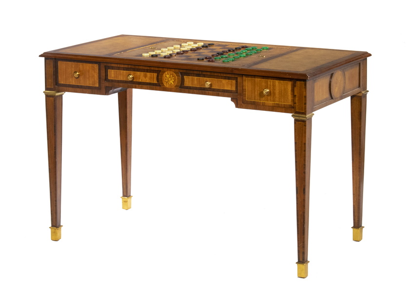 Appraisal: LEATHER TOP GAME TABLE Custom Inlaid Mahogany Rectangular Gaming Table