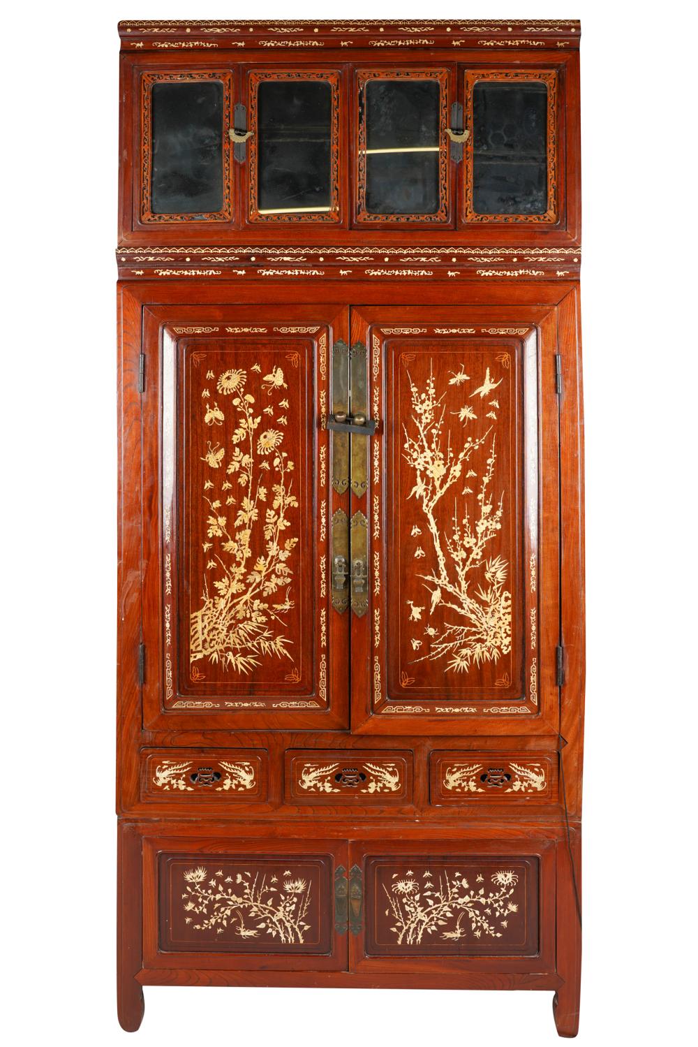 Appraisal: CHINESE INLAID ARMOIREin three sections two hinged doors below three